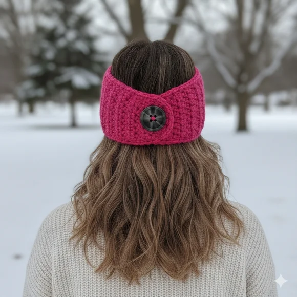 Handmade Crochet Fuchsia Pink Ear Warmers Headband 80% Acrylic 20% Wool - Picture 2 of 5